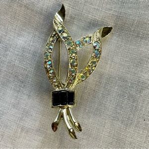 Vintage AB & Blue Rhinestone Leaves Bunch Spray Brooch Pin